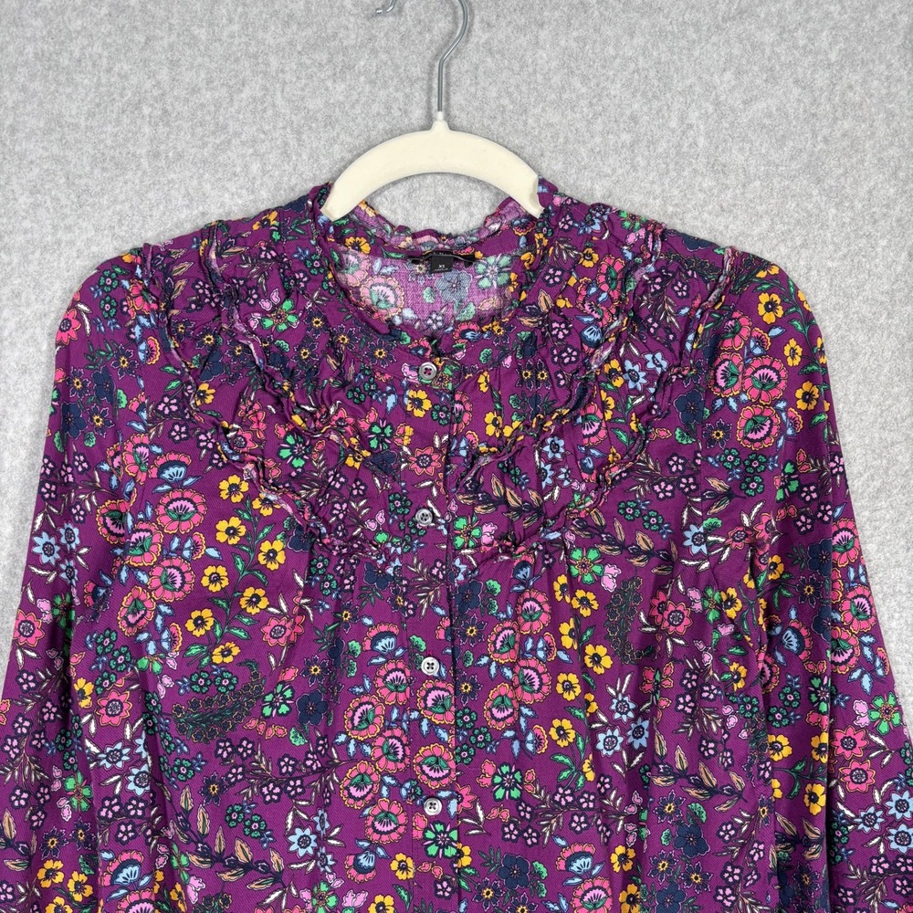 Talbots Ruffle Bib Blouse XS Purple Floral Twee Quirky‎ Whimsical Maximalist